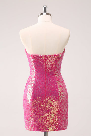 Fuchsia Hollow Out Strapless Sequins Tight Mini Dress with Slit